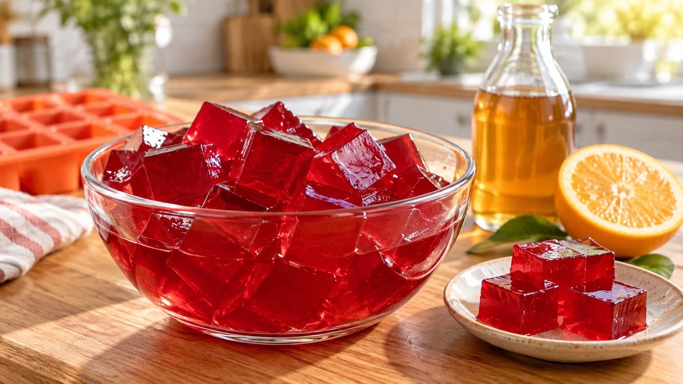 Homemade skin-support gelatin, cut into cubes, on a wooden kitchen counter