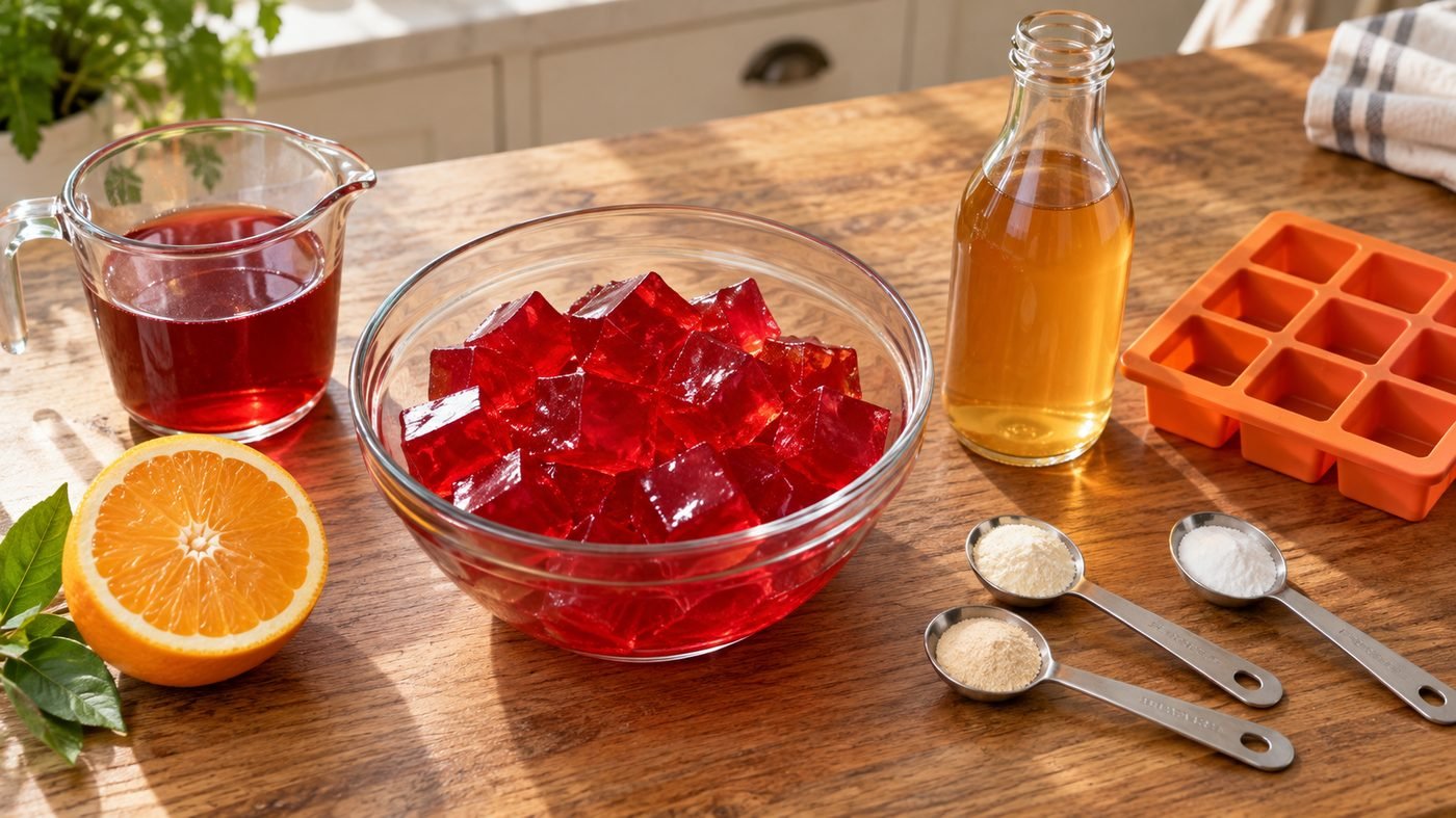 Gelatin powder, honey and lemon measured out next to the finished bowl