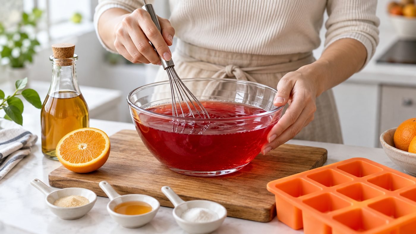Whisking gelatin powder into warm liquid to prevent clumping